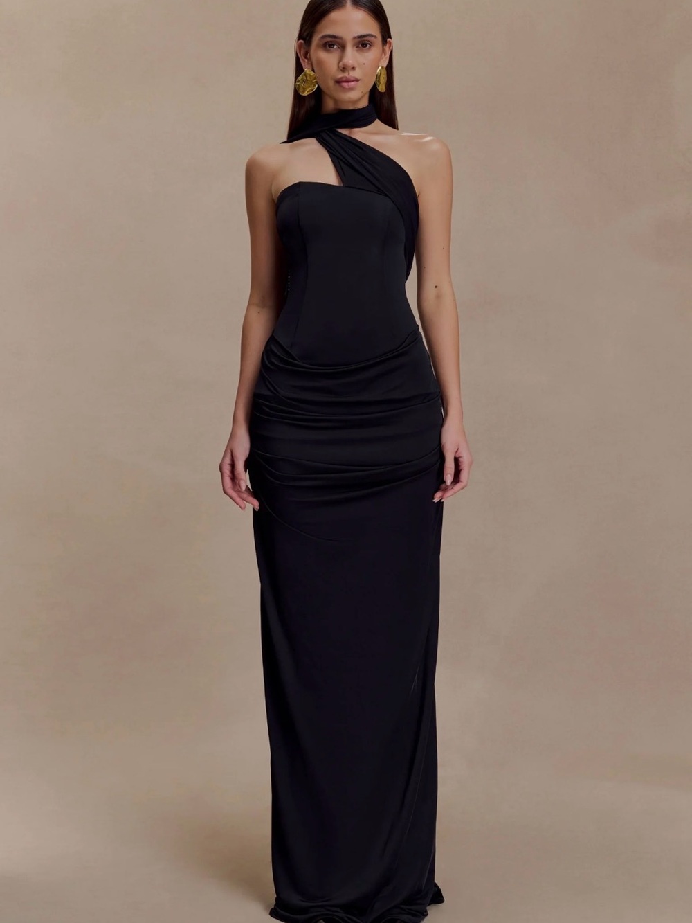 Meshki Mattea black slinky mesh maxi dress w/ Scarf